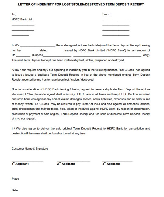 Letter of Indemnity for Lost, Stolen, Destroyed Fixed Deposit Receipt HDFC Bank